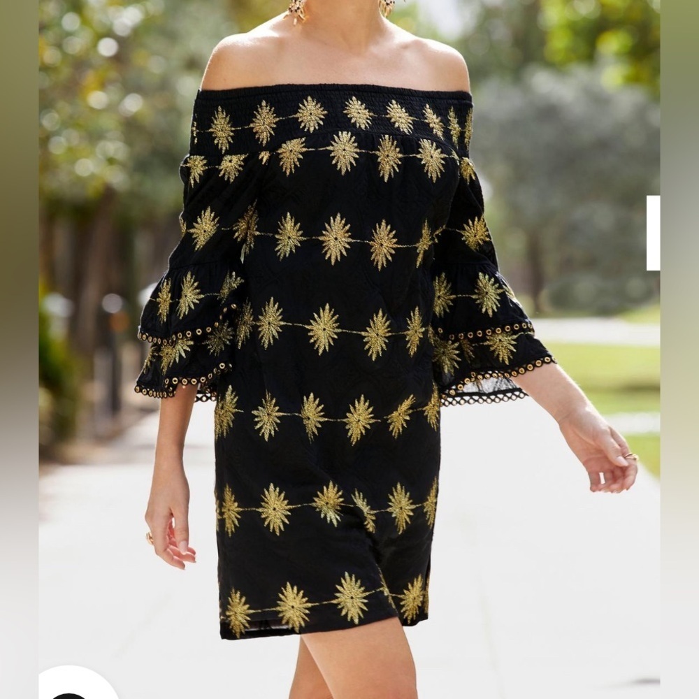 Boston Proper Embroidered Gold Metallic Floral Off Shoulder Shift Dress Small